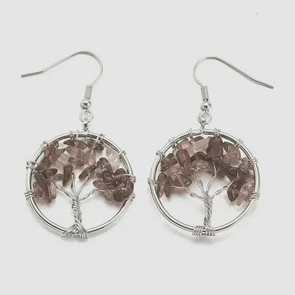 Silver Platinum Plated Smoky Quartz Tree of Life Gemstone Beads Dangle Earrings - Picture 1 of 1